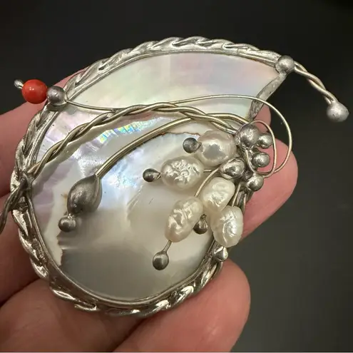 Vintage Unsigned Handcrafted Silver Mother of Pearl Wire Rice Pearl Coral Brooch