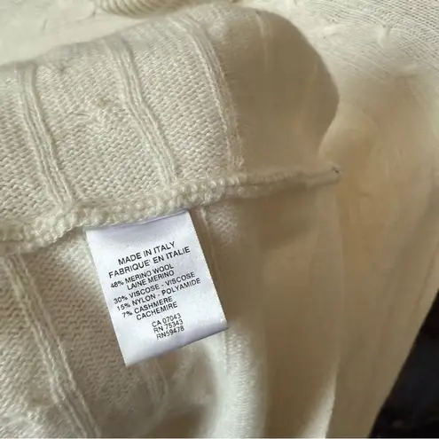 Cream Italian Merino Wool & Cashmere Dolman Sleeve Turtleneck Cableknit Sweater White Size M