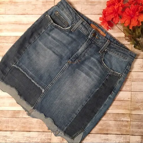 joe's jeans  Patchwork Pencil Denim Jean Skirt Fringe Hi Lo Hem