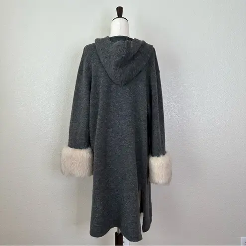 Patrizia Luca Milano Wool Blend Gray Hooded Faux Fur Cuffs Cardigan, Size XL - Image 7