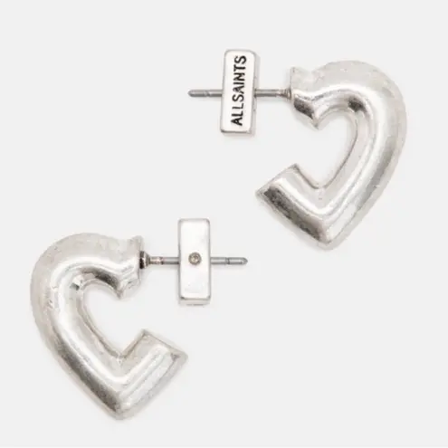 ALL SAINTS Small Silver Heart Huggie Hoop Chic Earrings Dust Bag Included