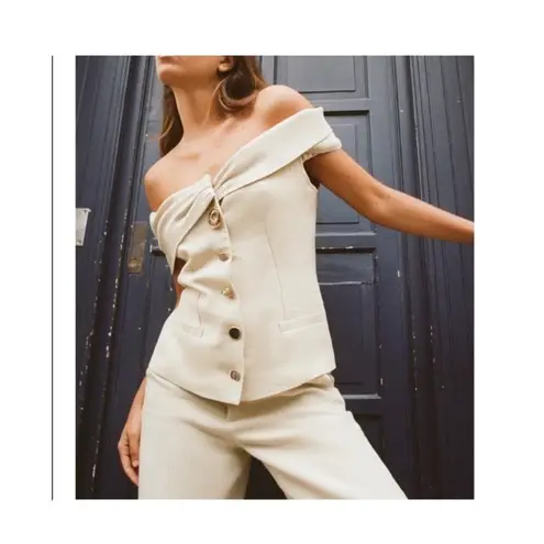 ZARA  blazer women's M 100% linen fitted button front off the shoulder top NEW - Image 2