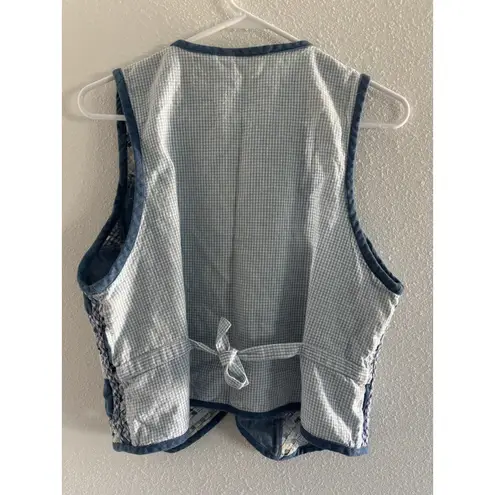 Vintage Vest Womens Size PL Blue Cream Gingham Embroidered Beaded Sunflower