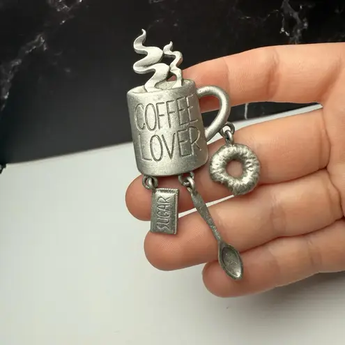 Signed JJ Coffee Lover Cup With Spoon Charm Dangle Brooch Pin Jonette Jewelry Silver