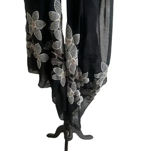 Embroidered Floral Wrap Long Scarf Women’s Black Bronze Sheer Elegant