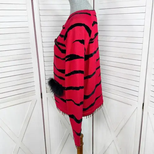 Vintage 90s Berek Beaded Tiger Stripe Cardigan Sweater Red Black Medium