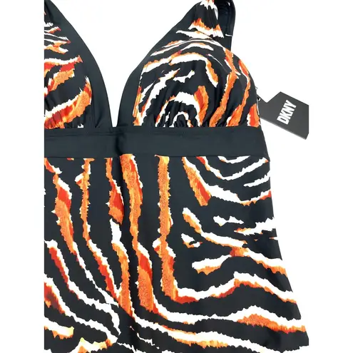 DKNY  TIGER BLACK Plunging Animal Print One Piece Black & Brown Swimsuit NWT 8