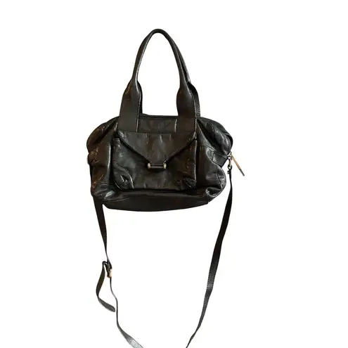 Treesje Women's Black Leather Shoulder Bag Feather Pattern Casual