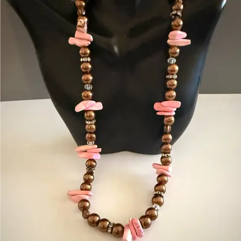 Pink Natural Gemstone Chocolate Colored Faux Pearl Necklace