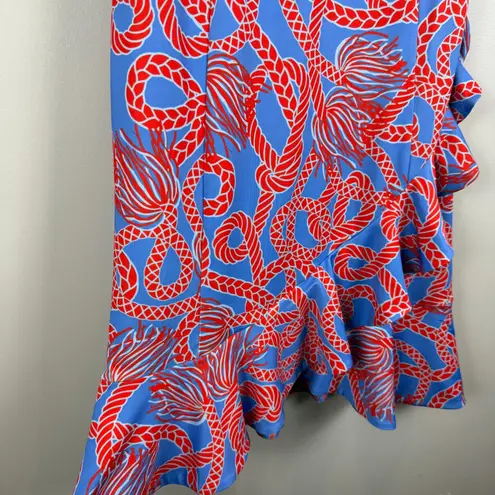 Gretchen Scott Jersey Swelt Dress Womens S Blue Red Ruffle Hem Tassle Time Scuba