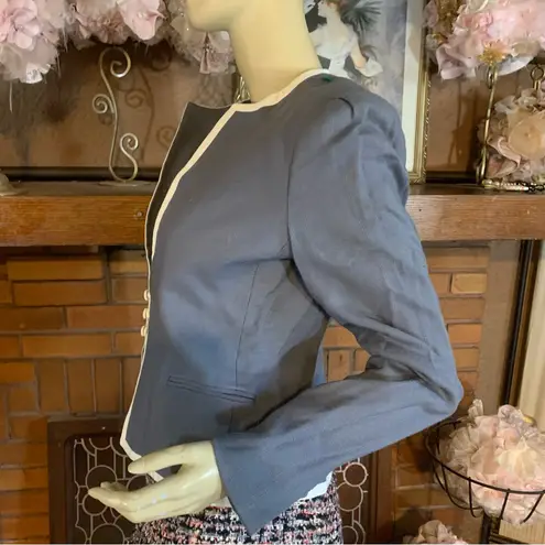 VINTAGE 1980'S SASSON GRAY & CREAM TWILL CROPPED BLAZER (8/9/S)