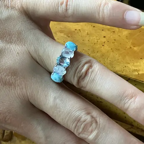 Blue Topaz Rainbow Moonstone Sterling Silver Ring Size 7