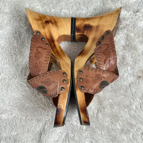 Carlos Santana Vintage Wood Platform Brown Leather Wedge Sandals Heels