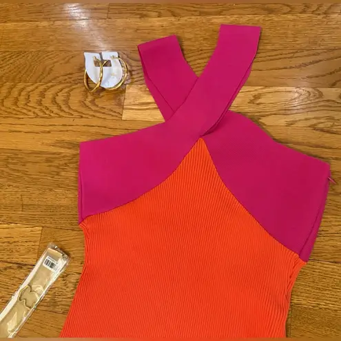 INA NWOT Crossover Contrast Neckline Stretch Ribbed Knit Midi Dress size M