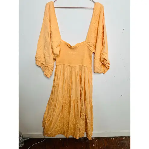 LOUNA Orange Square Neckline Puff Sleeves Chic Flowy Midi Dress size Medium