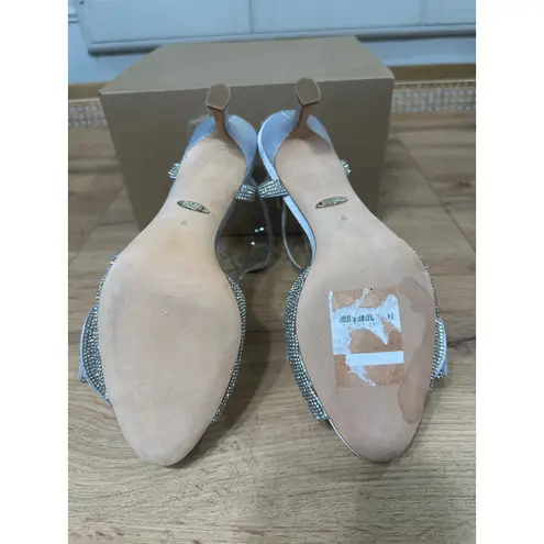 Badgley Mischka Remi Almond Toe Rhinestone Ruffle Mid Heel Sandals Size 8 NWOB