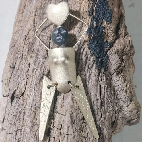 Lena Pin Brooch Woman Heart Tribal Design Vintage Handmade Brass Figurine Signed Gold