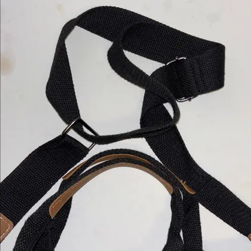 Black Canvas Tote Bag Brown Accents Detachable Strap 6 Pockets Outside on Bag