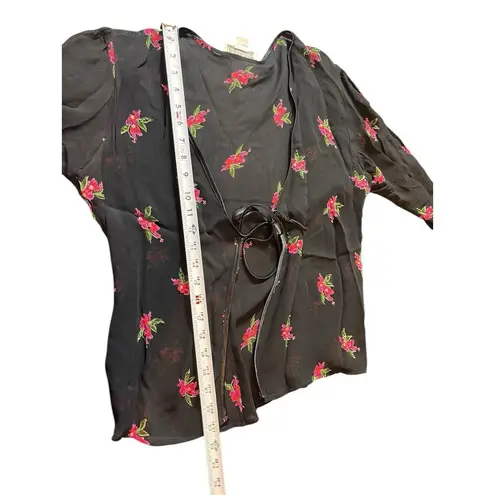VTG Dressbarn Black Sheer Red Floral Open Tie Front L Top 90s Y2K Size L