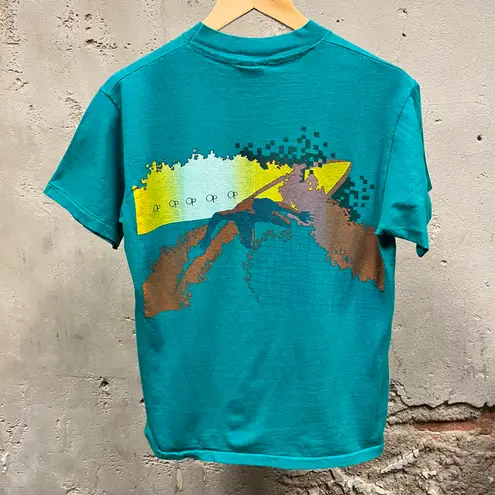 Ocean Pacific OP Vintage 90s Teal Blue Single Stitch Surfer Map Graphic Tee M