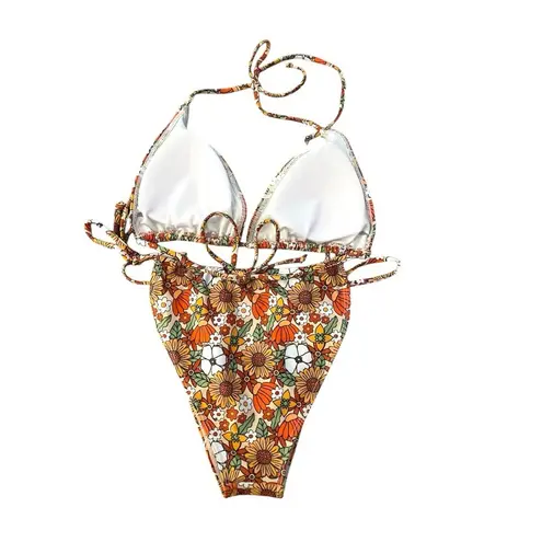 Retro Floral Orange and Brown Bikini Set Size L