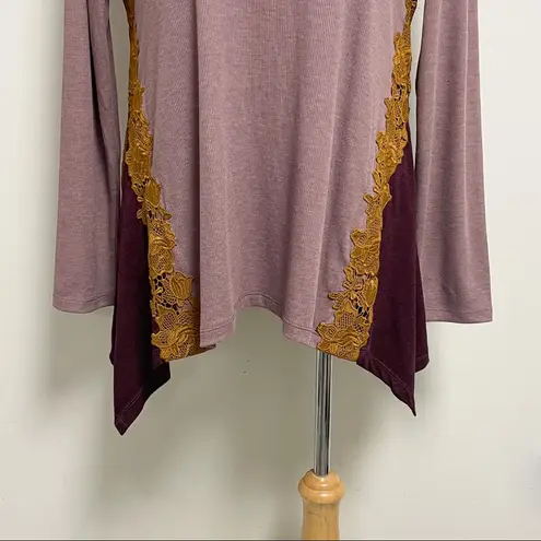 LOGO By Lori Goldstein Logo Lounge Lori Goldstein Ribbed Purple Tunic Contrast Lace Godets Medium EUC - Image 3