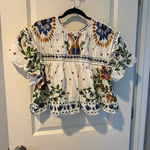 Farm Rio Summer Garden Blouse White & Multi-Colored Floral | M