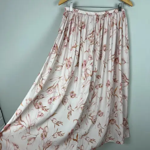 T Tahari Maxi Skirt Womens Large Cream Pink Floral A-Line Stretch Lightweight L