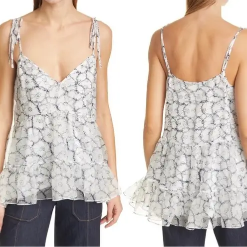 Cinq à Sept  Esther Floral Ruffle Hem Sleeveless Silk Top Ivory/navy Size Medium