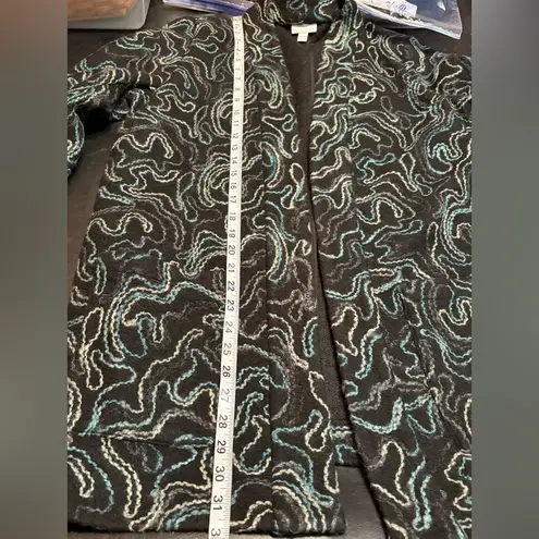 J Jill Women's Open Front Cardigan Sweater Abstract Swirls Wool Blend Size M Black Size M