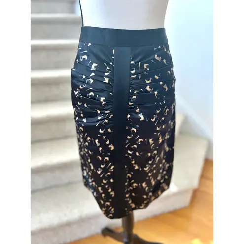Milly Silk Black Abstract Tan Print Ruched Pencil Skirt