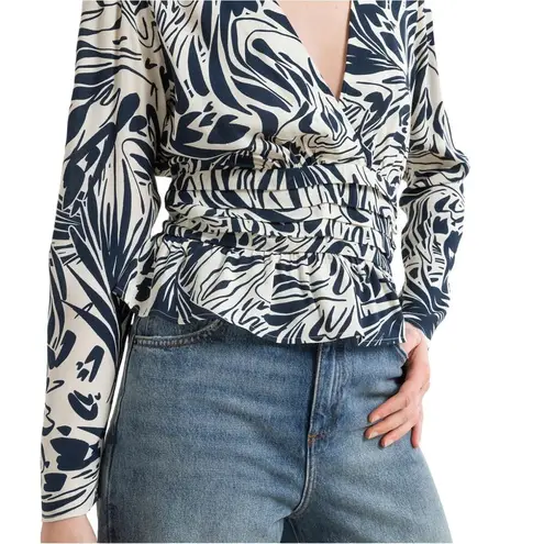 Ba&sh Cae Graphic Print Draped V-Neck Long Sleeve Blouse Size Medium NWT