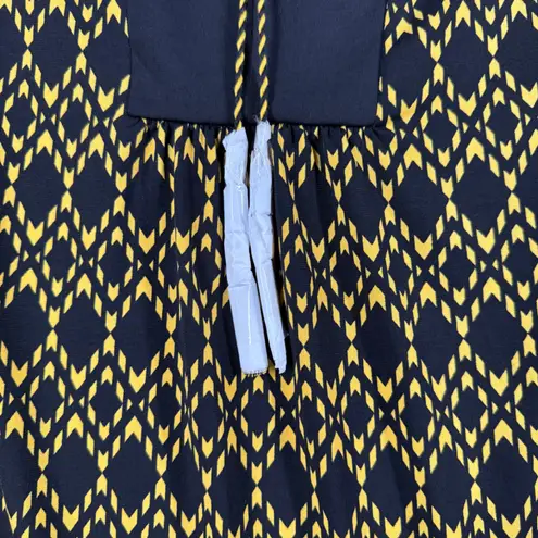 Susan Graver Blouse M Geometric Tie Neck Long Sleeve Black Yellow Top