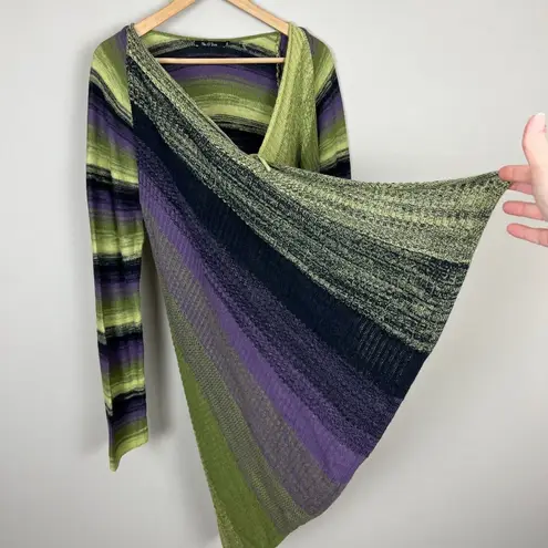 Nic+Zoe Cardigan Sweater Womens XL Green Purple Stripe Draped Front Long Sleeve