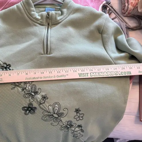 Comfort Corner Sage Green Floral Embroidered Quarter Zip Pullover Size L