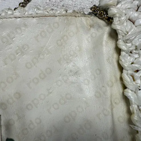 Rodo Raffia Crochet Clutch Handbag Gold Chain Tassel Ivory Evening Bag White