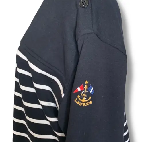 Lauren Ralph Lauren Navy White Stripe Boatneck Anchor Logo Nautical Shirt Large Blue