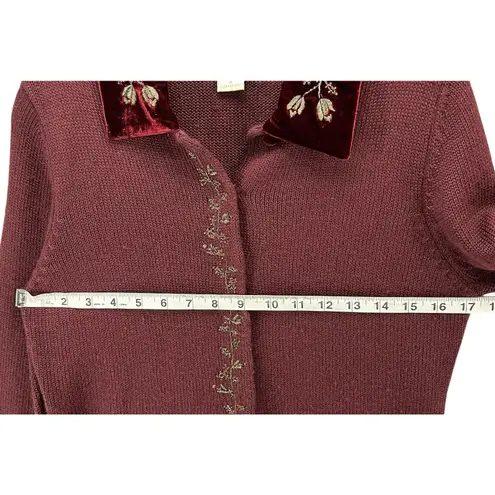 Vintage Casual Corner Sweater Womens S Wool Blend Velvet Embroidered Collar 90s Red