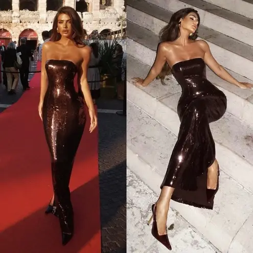 NWT Retrofete Ember Strapless Sequin Maxi Dress in Dark Chocolate Size XS Brown