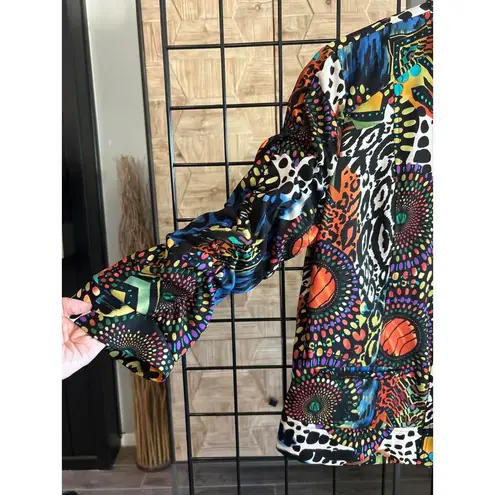 Erin London Womens Jacket Large Multicolor Ruched 3/4 Sleeves Full Zip Black