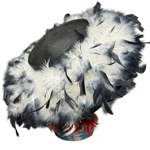 Vintage Feather Trim Statement Hat, Dramatic Black and White Church Derby EUC