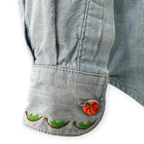 Karen Scott | S | VINTAGE Pumpkin Embroidered Cotton Chambray Button-Down Shirt
