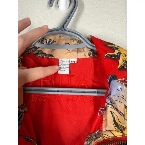 Vtg 90s Fuda International Silk Celestial Bomber Jacket Sz PM Sun Moon Chain Red