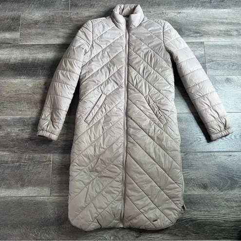 Noisy May  ASOS Long Quilted Puffer Coat Neutral Beige Tan Side Zippers Small