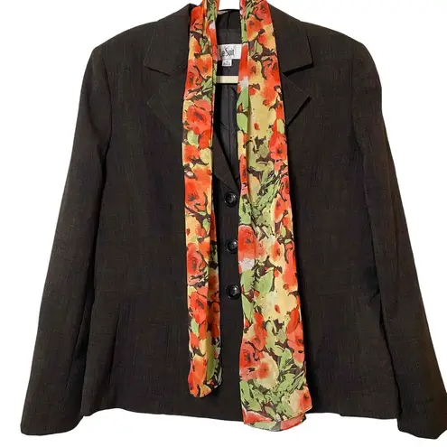 Le Suit Womens Deep Brown Blazer Single Breasted Floral Scarf Size 14