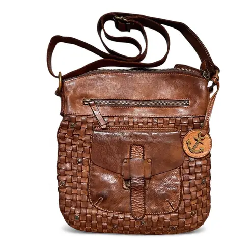 Harbour 2nd Tuula Brown Leather Woven Messenger Crossbody Bag Anchor Love Cognac