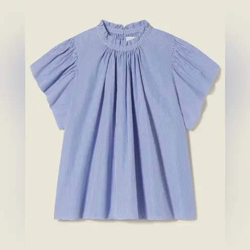 Trovata Small Carla Highneck Shirt in Blue White Stripe Flutter Sleeve Preppy
