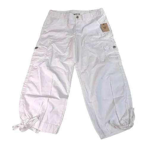 NEW Jeanstar White CAPRI DENIM PANT Women's 12 Cargo Style Jean Pockets Tie Hem