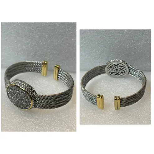 DSMK Two Toned S/S Necklace, Bangle & Dangle Earrings Set Gold