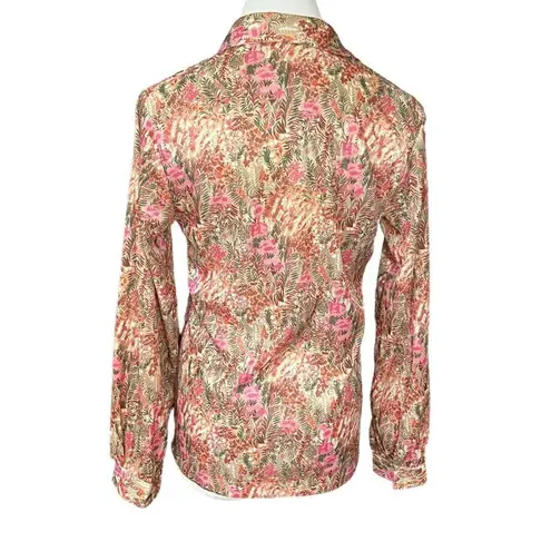 Vintage 70’s Floral Lightweight Button Down Top Tan Pink Green S Brown